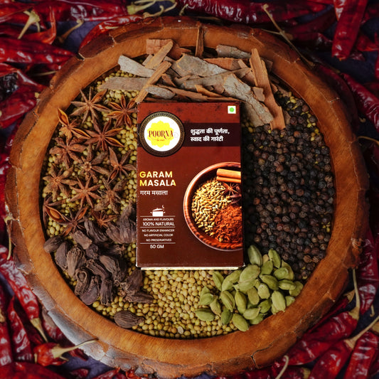 Garam Masala spice mix packet surrounded by various spices and chilies in a wooden bowl.